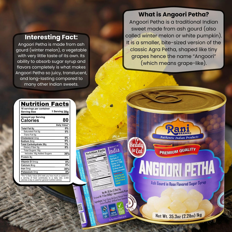 Rani Angoori Petha (Ash Gourd In Rose Flavored Sugar Syrup) 35.3oz (2.2lbs) 1kg, Approximately 14 pieces, Easy Open Lid ~ Ready to eat | Gluten Free | Non-GMO | Kosher | Indian Origin