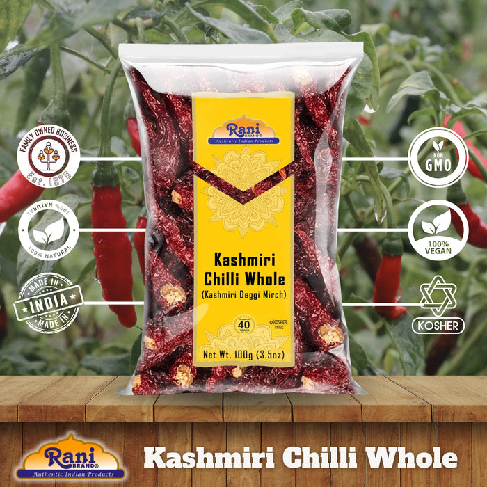 Rani Kashmiri Chilli Whole (Deggi Mirch, Low Heat) 3.5oz (100g) ~ Natural | Salt-Free | Vegan | No Colors | Gluten Friendly | NON-GMO | Kosher | Indian Origin