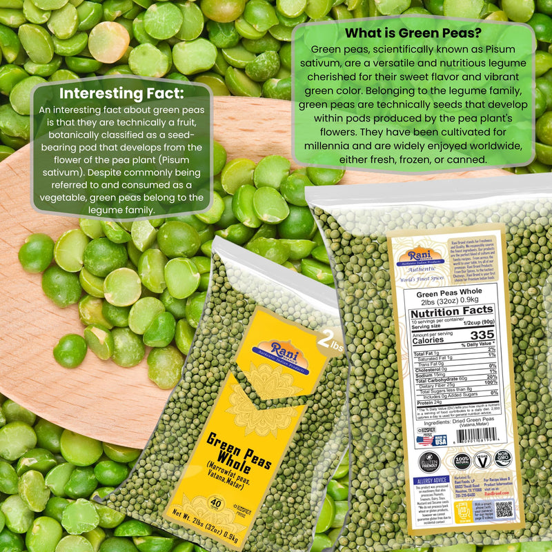 Rani Green Peas Whole, Dried (Vatana, Matar) 2lbs (32oz) ~ All Natural | Vegan | Gluten Friendly | Kosher | Product of USA