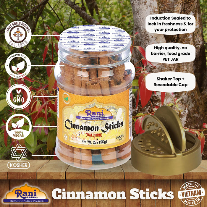 Rani Cinnamon Sticks 2oz (56g) PET Jar - 10-13 Sticks - Strong Aroma, Perfect for Baking, Cooking & Beverages | 3+ Inches Length - Cassia Saigon Cinnamon from Vietnam | Kosher