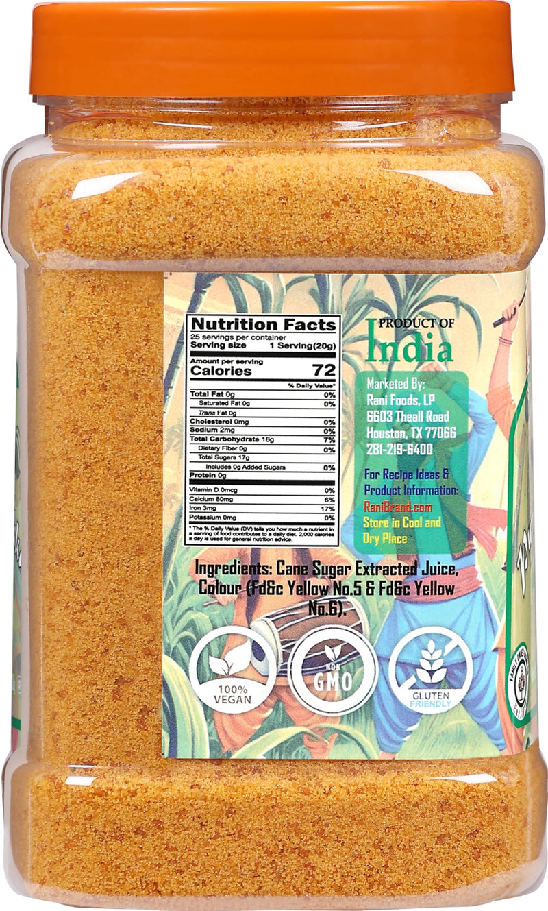 Rani Punjabi Shakkar (Gur Jaggery Powder) Indian Unrefined Raw Cane Sugar 17.5oz (1.1lbs) 500g PET Jar ~ Gluten Friendly | Vegan |  Kosher | NON-GMO | No Salt or fillers | Indian Product