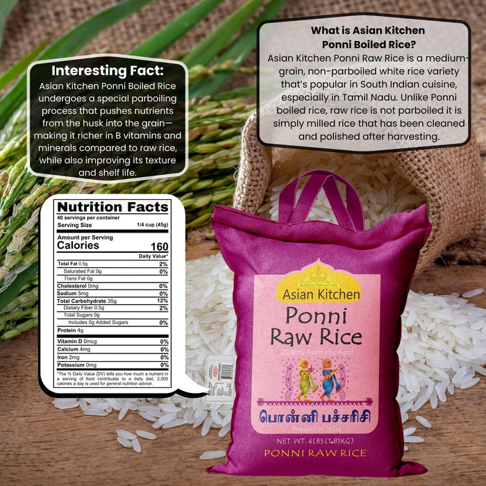 Asian Kitchen Ponni Raw Rice 4-Pound Bag, 4lbs (1.81kg) Short Grain Rice ~ All Natural | Gluten Friendly | Vegan | Indian Origin | Export Quality