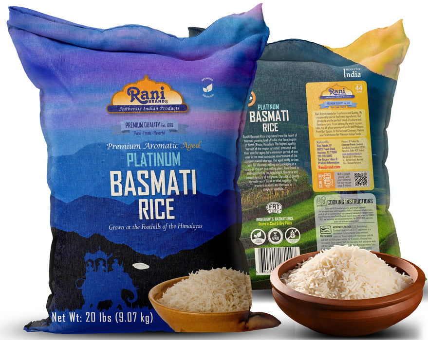 Rani Platinum White Basmati Rice Extra Long Aged 20-Pound Bag, 320oz (20lbs) 9.08kg ~ All Natural | Gluten Friendly | Vegan | Indian Origin | Kosher | Export Quality