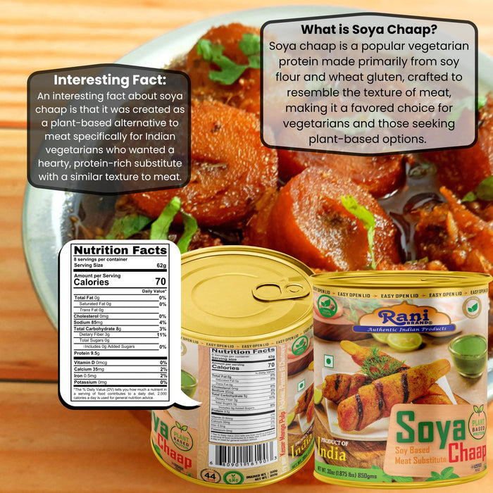 Rani Soya Chaap (Plant Based Protein) 30oz (1.875lbs) 850g, Pack of 18 ~ Easy Open Lid | All Natural | Vegan | No Colors | NON-GMO | Kosher | Indian Origin | Soy Based Meat Substitute