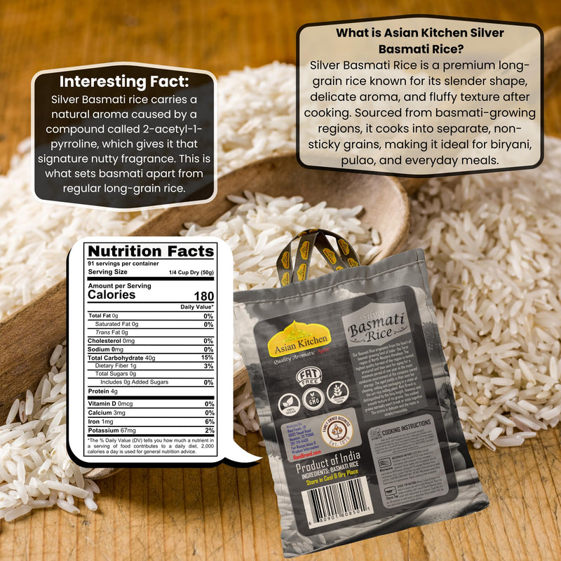 Asian Kitchen Silver White Basmati Rice Aged, 10 Pound (10lbs, 4.54kg) ~ All Natural | Gluten Friendly | Vegan | Indian Origin | Export Quality