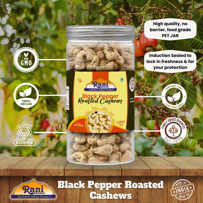 Rani Black Pepper Roasted Cashews 14oz (400g) PET Jar, Non-Fried, Oil Free ~ All Natural | Vegan | Gluten Friendly | NON-GMO | Kosher | Air Roasted, Crunchy & Flavorful