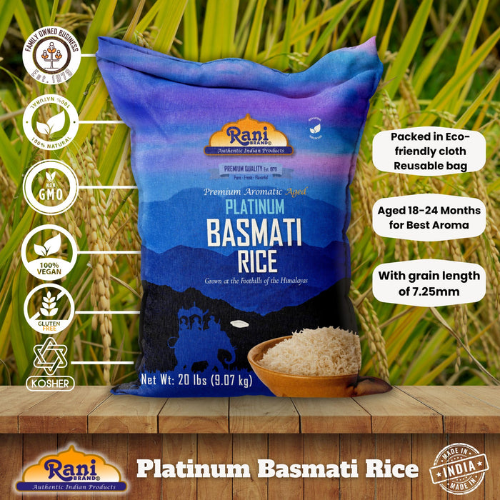 Rani Platinum White Basmati Rice Extra Long Aged 20-Pound Bag, 320oz (20lbs) 9.08kg ~ All Natural | Gluten Friendly | Vegan | Indian Origin | Kosher | Export Quality