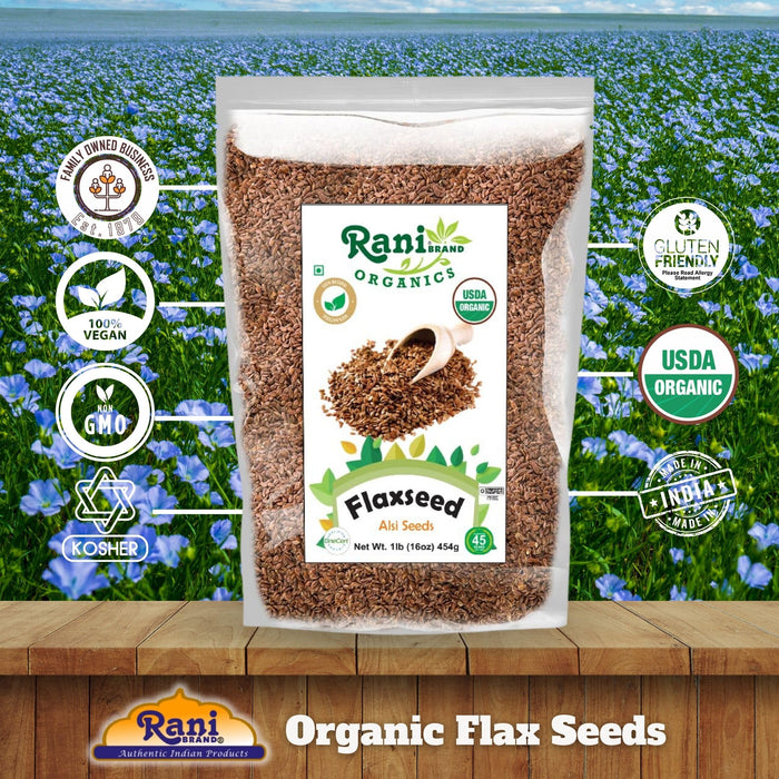 Rani Organic Flax Seeds Whole Raw (Alsi, Linum usitatissimum) 16oz (1lb) 454g ~ All Natural | Gluten Friendly | Non-GMO | Kosher | Vegan | Indian Origin | USDA Certified Organic