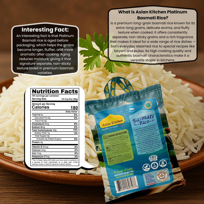 Asian Kitchen Platinum White Basmati Rice Extra Long Aged 20lbs (9.08kg) ~ All Natural | Gluten Friendly | Vegan | Indian Origin | Export Quality