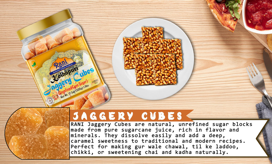 Rani Kolhapuri Jaggery Cubes (Unrefined Cane Sugar) 17.5oz (1.1lbs) 500g PET Jar ~ All Natural, No Color added, Gluten Friendly | Vegan | NON-GMO | Kosher | No Salt or fillers