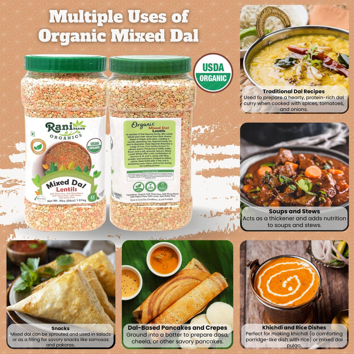 Rani Organic Mixed Dal (Chana Dal, Moong Dal, Toor Dal, Masoor Dal, Urad Dal) 64oz (4lbs) 1.81kg Bulk PET Jar ~ All Natural | Gluten Friendly | NON-GMO | Kosher | Vegan | Indian Origin | USDA Certified Organic