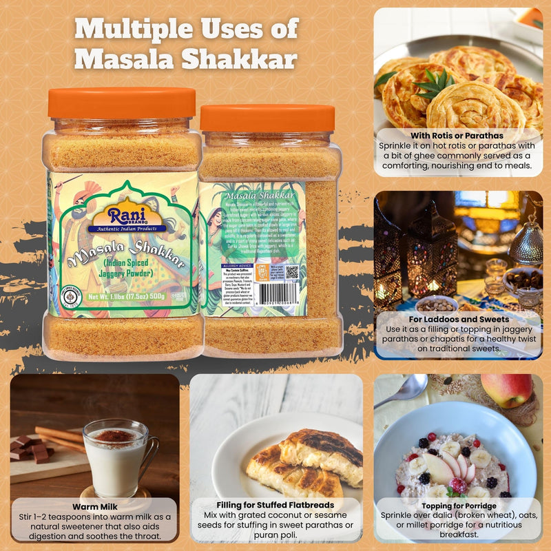 Rani Masala Shakkar (Indian Spiced Jaggery Powder) Unrefined Raw Cane Sugar 17.5oz (1.1lbs) 500g PET Jar ~ Gluten Friendly | Vegan | NON-GMO | Kosher | No Salt or fillers | Indian Product