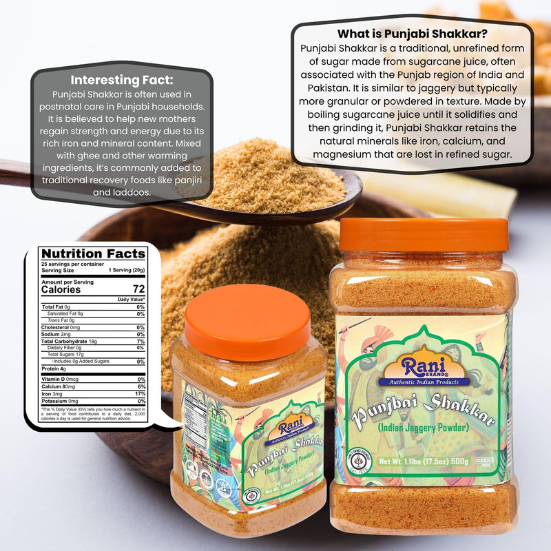Rani Punjabi Shakkar (Gur Jaggery Powder) Indian Unrefined Raw Cane Sugar 17.5oz (1.1lbs) 500g PET Jar ~ Gluten Friendly | Vegan |  Kosher | NON-GMO | No Salt or fillers | Indian Product