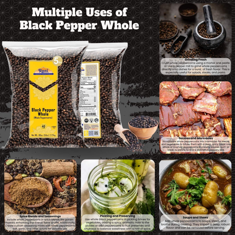 Rani Black Pepper Whole (Peppercorns), Premium Bold Tellicherry Quality 80oz (5lbs) 2.27kg Bulk ~ All Natural | Gluten Friendly | Non-GMO | Kosher | Product of Vietnam | Perfect size for Grinders!