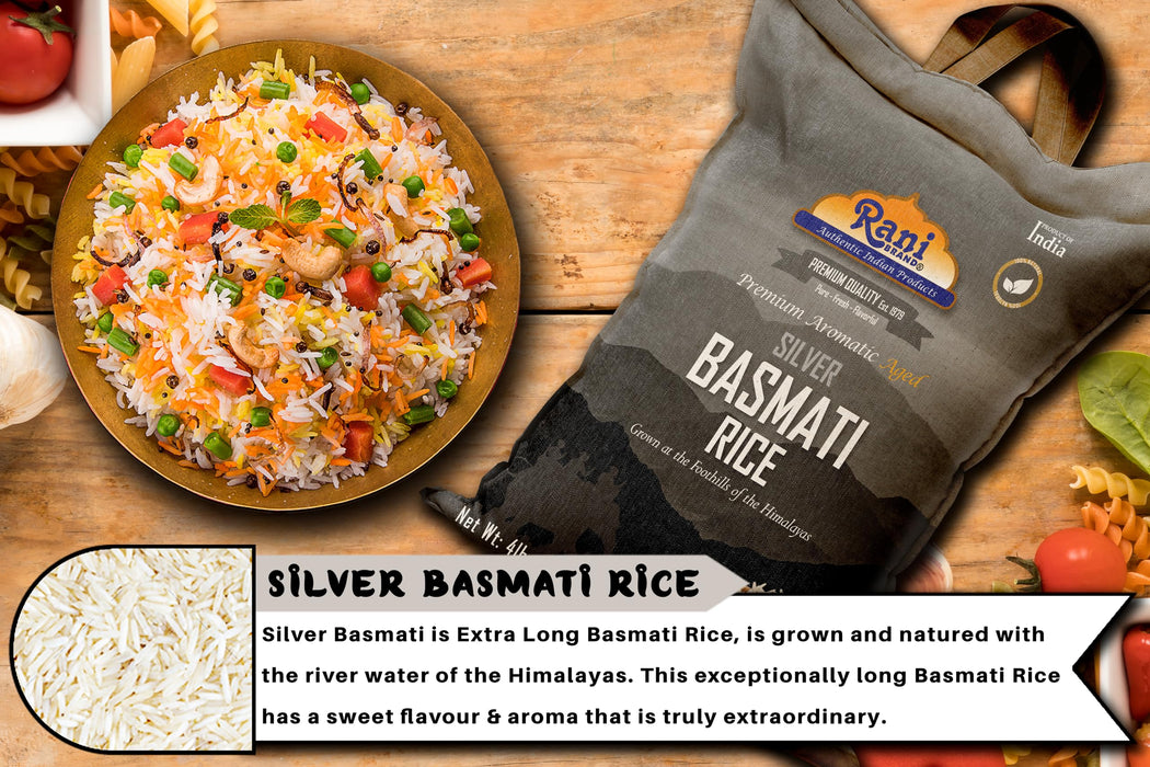 Rani Silver White Basmati Rice Extra Long Aged 4-Pound Bag, 4lbs (64oz) 1.81kg ~ All Natural | Gluten Friendly | Vegan | Indian Origin | Kosher | Export Quality