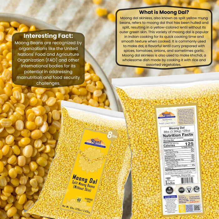 Rani Moong Dal (Split Mung Beans Without Skin) Lentils Indian 128oz (8lbs) 3.63kg Bulk ~ All Natural | Gluten Friendly | Non-GMO | Kosher | Vegan | Indian Origin