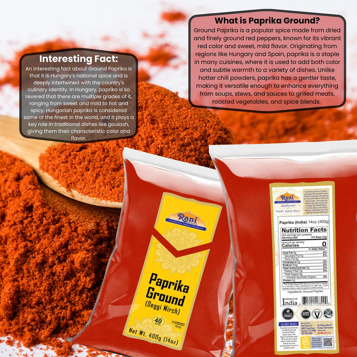 Rani Paprika (Deggi Mirch, Low Heat) Spice Powder, Ground 14oz (400g) ~ All Natural, Salt-Free | Vegan | No Colors | Gluten Friendly | NON-GMO | Kosher | Indian Origin