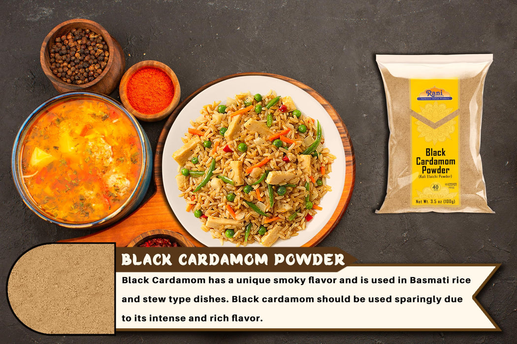 Rani Black Cardamom Powder (Kali Elachi) Indian Spice 3.5oz (100g) ~ All Natural | Vegan | Gluten Friendly | NON-GMO | Kosher | Indian Origin | Smokey, Tsaoko, Cao Guo, Bach Dan Khau, Badi