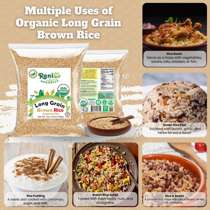 Rani Organic Long Grain Brown Rice 32oz (2lbs) 908g ~ All Natural | Gluten Friendly | Vegan | Non-GMO | Kosher | Product of USA | USDA Certified Organic