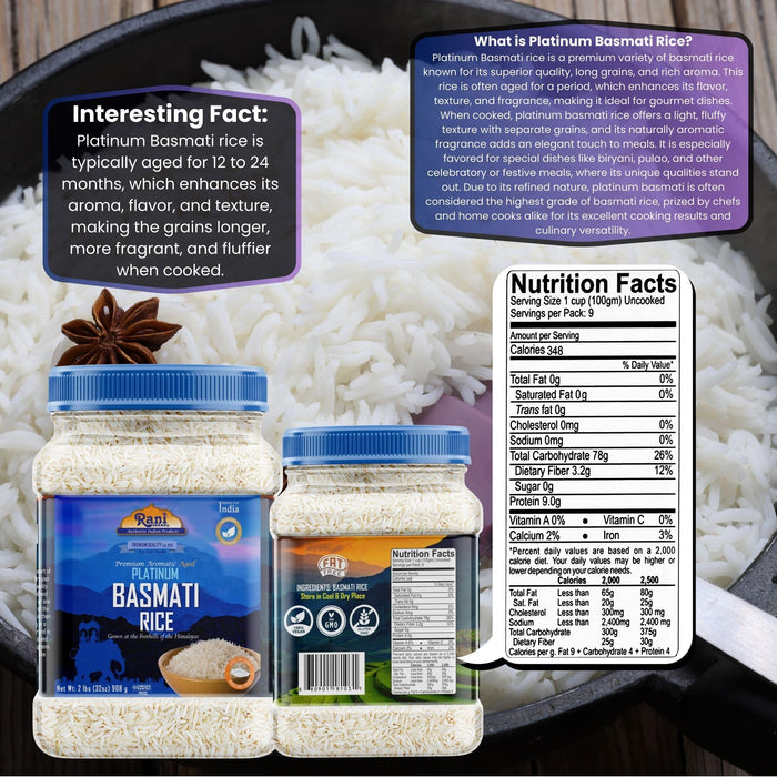 Rani Platinum White Basmati Rice Extra Long Aged 32oz (2lbs) 908g PET Jar ~ All Natural | Gluten Friendly | Vegan | Indian Origin | Kosher | Export Quality