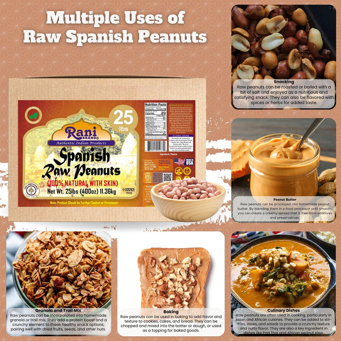 Rani Raw Spanish Peanuts 100% Natural with Skin (uncooked, unsalted) 25lbs (400oz) 11.36kg Bulk Box ~ Vegan | Gluten Friendly | Fresh Product of USA | Kosher | Red-brown Skin