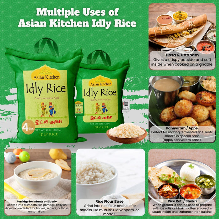 Asian Kitchen Idly (Idli) Rice 4-Pound Bag, 4lbs (1.81kg) Short Grain Rice ~ All Natural | Gluten Friendly | Vegan | Indian Origin | Export Quality