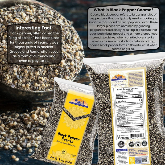 Rani Black Pepper Coarse Ground 28 Mesh (Table Grind), 3.5oz (100g) ~ Gluten Friendly | Non-GMO | Kosher | Natural