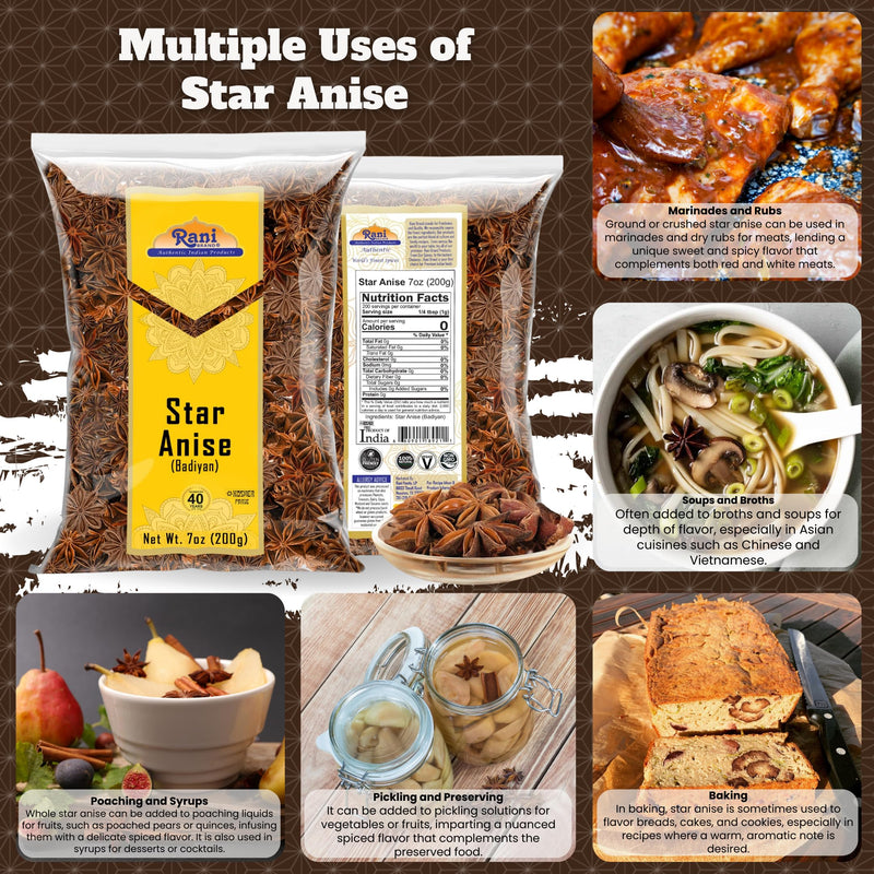 Rani Star Anise Seeds, Whole Pods (Badian Khatai) Spice 7oz (200g) ~ All Natural | Gluten Friendly | Kosher | Vegan | Whole Chinese Anise Star Sun Dried Spice, Anis Estrella / Illicium Verum, Widely Used for Baking, Drinks, Cooking, and Tea
