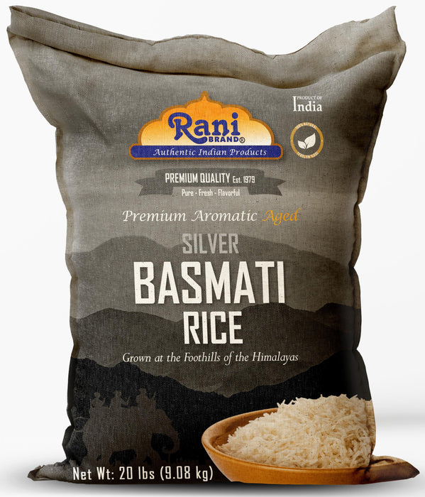 Rani Silver White Basmati Rice Extra Long Aged 20-Pound Bag, 320oz (20lbs) 9.08kg ~ All Natural | Gluten Friendly | Vegan | Indian Origin | Kosher | Export Quality