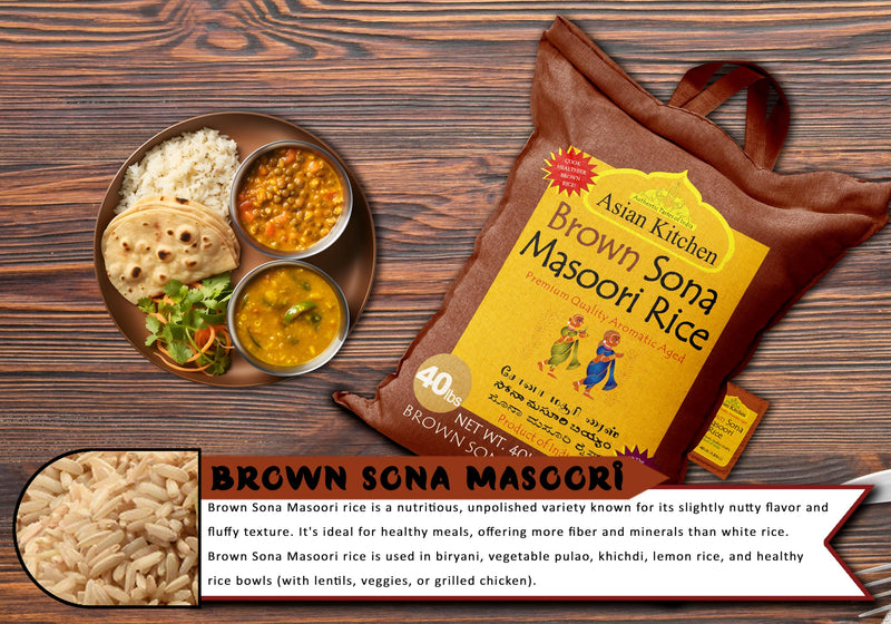 Asian Kitchen Brown Sona Masoori Aged Rice 40-Pound Bag, 40lbs (18.14kg) Short Grain Rice ~ All Natural | Gluten Friendly | Vegan | Kosher | Indian Origin | Export Quality