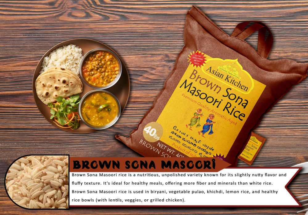 Asian Kitchen Brown Sona Masoori Aged Rice 40-Pound Bag, 40lbs (18.14kg) Short Grain Rice ~ All Natural | Gluten Friendly | Vegan | Kosher | Indian Origin | Export Quality