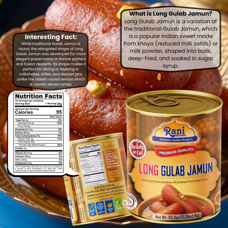 Rani Gulab Jamun Long (w/ Cardamom Flavored Sugar Syrup) 35.3oz (2.2lbs) 1kg, Pack of 6, Approximately 14 pieces, Easy Open Lid ~ Ready to eat | Vegan | Non-GMO | Kosher | Indian Origin