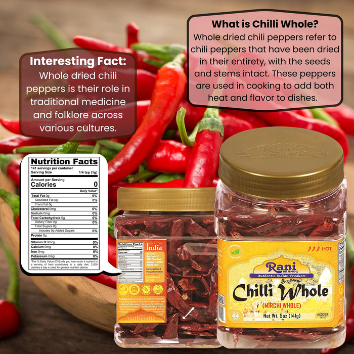 Rani Chilli Whole 5oz (141g) PET Jar ~ All Natural, Salt-Free | Vegan | No Colors | Gluten Friendly | NON-GMO | Kosher | Indian Origin