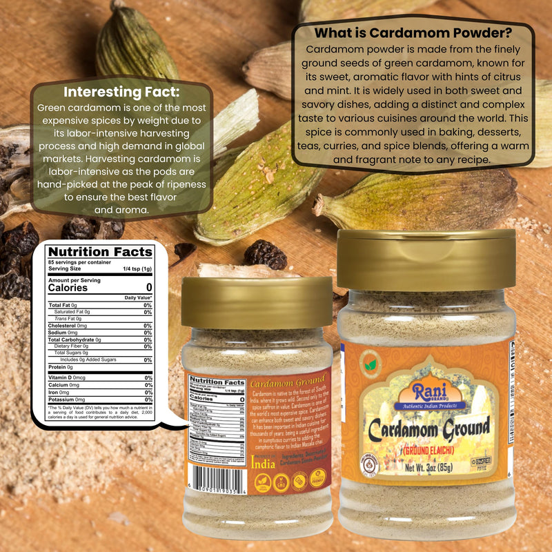 Rani Cardamom (Elachi) Powder 3oz (85g) PET Jar ~ All Natural | No Color added | Gluten Friendly | Vegan | NON-GMO