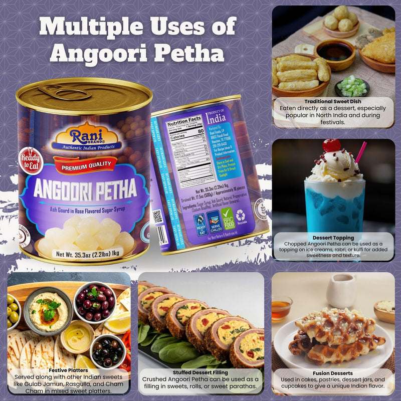 Rani Angoori Petha (Ash Gourd In Rose Flavored Sugar Syrup) 35.3oz (2.2lbs) 1kg, Approximately 14 pieces, Easy Open Lid ~ Ready to eat | Gluten Free | Non-GMO | Kosher | Indian Origin