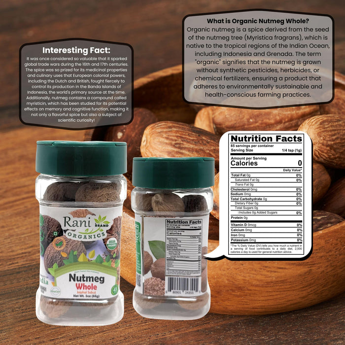 Rani Organic Nutmeg (Jaiphul) Whole Spice, 17-19 Pieces, 3oz (85g) PET Jar ~ All Natural | Vegan | Gluten Friendly | NON-GMO | Kosher | Indian Origin | USDA Certified Organic