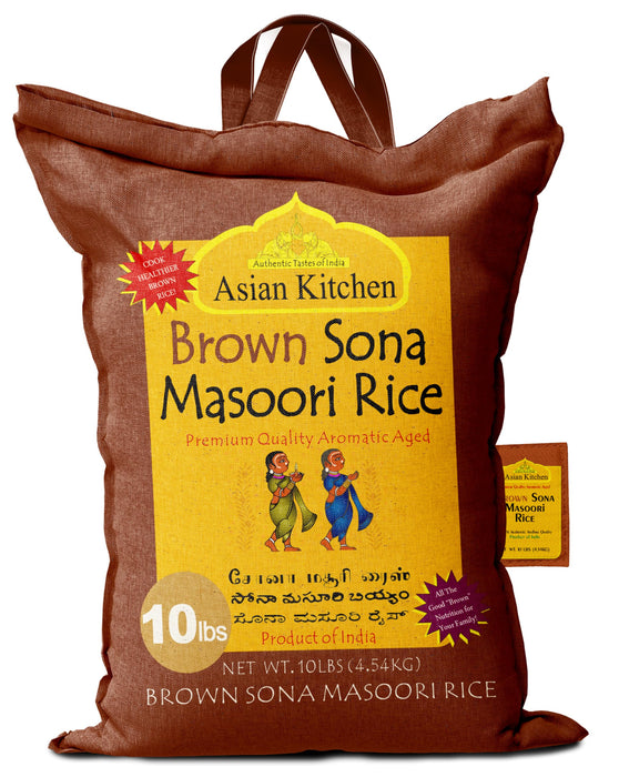 Asian Kitchen Brown Sona Masoori Aged Rice 10lbs (4.54kg) Short Grain Rice ~ All Natural | Gluten Friendly | Vegan | Kosher | Indian Origin | Export Quality
