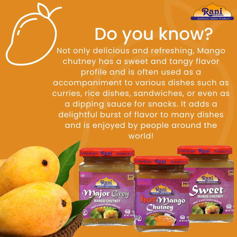 Rani 3-in-1 Mango Chutney (Hot, Sweet, Major Grey Combo Pack) 12.3oz (350g) Glass Jar, Ready to eat, Vegan ~ Gluten Free, All Natural, NON-GMO, Kosher