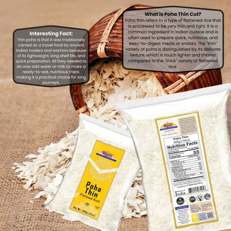 Rani Poha (Powa) Thin Cut (Flattened Rice) 14oz (400g) ~ All Natural, Salt-Free | Vegan | No Colors | Gluten Friendly | Indian Origin