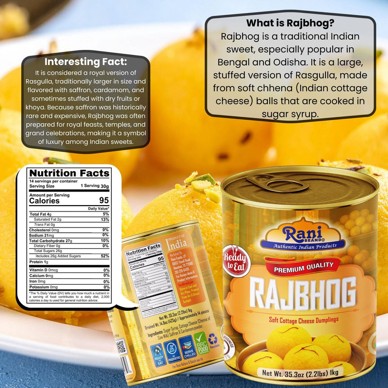 Rani Rajbhog (Soft Cottage Cheese Dumplings) 35.3oz (2.2lbs) 1kg, Approximately 14 pieces, Easy Open Lid ~ Ready to eat | All Natural | Gluten Free | Non-GMO | Kosher | Indian Origin