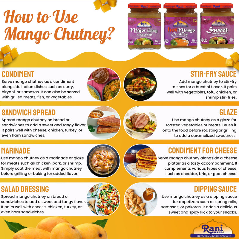 Rani 3-in-1 Mango Chutney (Hot, Sweet, Major Grey Combo Pack) 12.3oz (350g) Glass Jar, Ready to eat, Vegan ~ Gluten Free, All Natural, NON-GMO, Kosher