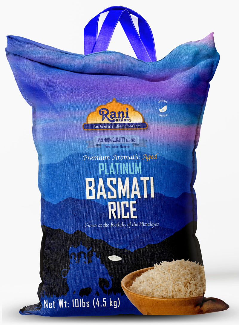 Rani Platinum White Basmati Rice Extra Long Aged 10-Pound Bag, 160oz (10lbs) 4.53kg ~ All Natural | Gluten Friendly | Vegan | Indian Origin | Kosher | Export Quality