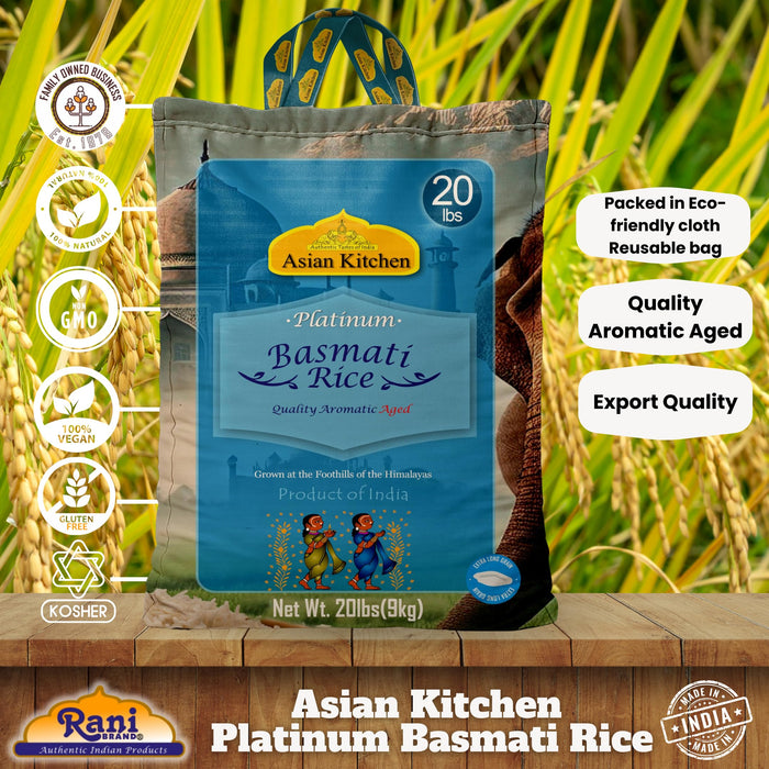 Asian Kitchen Platinum White Basmati Rice Extra Long Aged 20lbs (9.08kg) ~ All Natural | Gluten Friendly | Vegan | Indian Origin | Export Quality