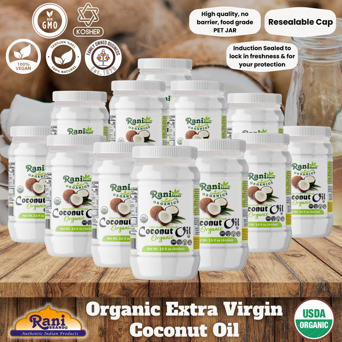 Rani Organic Extra Virgin Coconut Oil, Unrefined 15 fl oz (444ml) Pack of 12, NON-GMO | Gluten Free | Kosher | Vegan | 100% Natural | Packed in USA | USDA Certified Organic