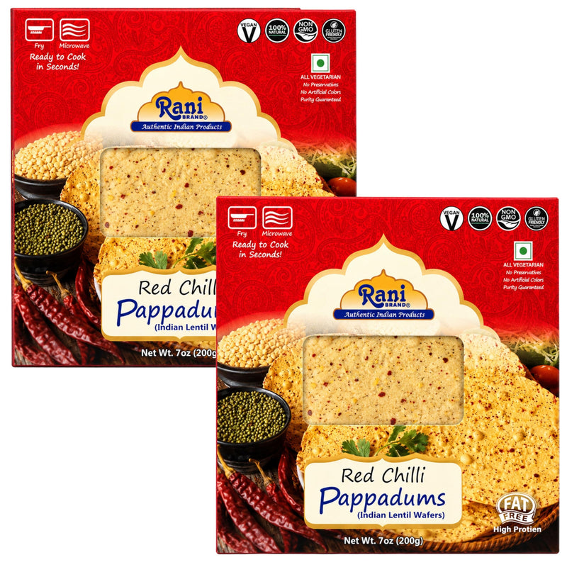 Rani Pappadums (Indian Lentil Wafer Snack) Red Chilli Papad 7oz (200g) Approximately 15pc, 7 inches, Pack of 2 ~ All Natural | Gluten Friendly | NON-GMO | Vegan | Indian Origin