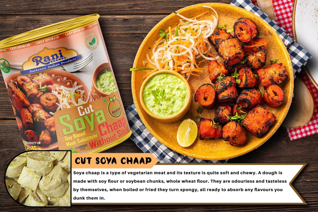 Rani Cut Soya Chaap Whitout Stick (Plant Based Protein) 30oz (1.875lbs) 850g ~ Easy Open Lid | All Natural | Vegan | No Colors | NON-GMO | Kosher | Indian Origin | Soy Based Meat Substitute