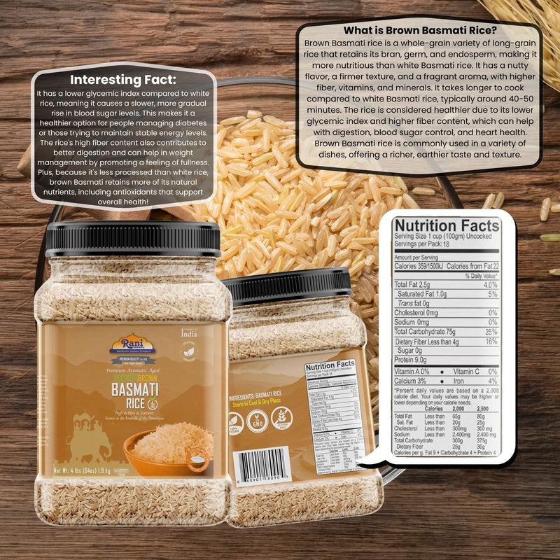 Rani Brown Basmati Rice Extra Long Aged 64oz (4lbs) 1.81kg PET Jar ~ All Natural | Gluten Friendly | Vegan | Indian Origin | Kosher | Export Quality