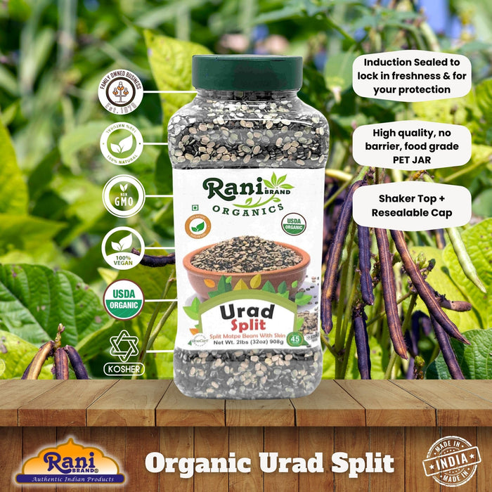 Rani Organic Urid/Urad Split Chilka (Split Matpe Beans with Skin) 32oz (2lbs) 908g PET Jar ~ All Natural | Gluten Friendly | Non-GMO | Kosher | Vegan | Indian Origin | USDA Certified Organic