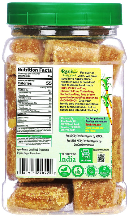 Rani Organic Jaggery (Unrefined Evaporated Organic Sugar Cane Juice) 17.5oz (1.1lbs) 500g PET Jar ~ Gluten Friendly | Vegan | NON-GMO | No Salt or fillers | Indian Product | USDA Certified Organic