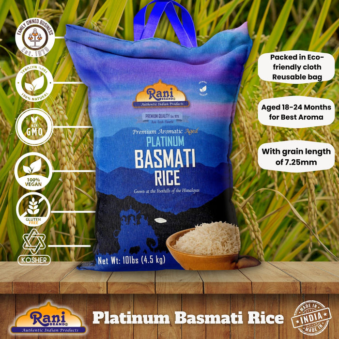 Rani Platinum White Basmati Rice Extra Long Aged 10-Pound Bag, 160oz (10lbs) 4.53kg ~ All Natural | Gluten Friendly | Vegan | Indian Origin | Kosher | Export Quality